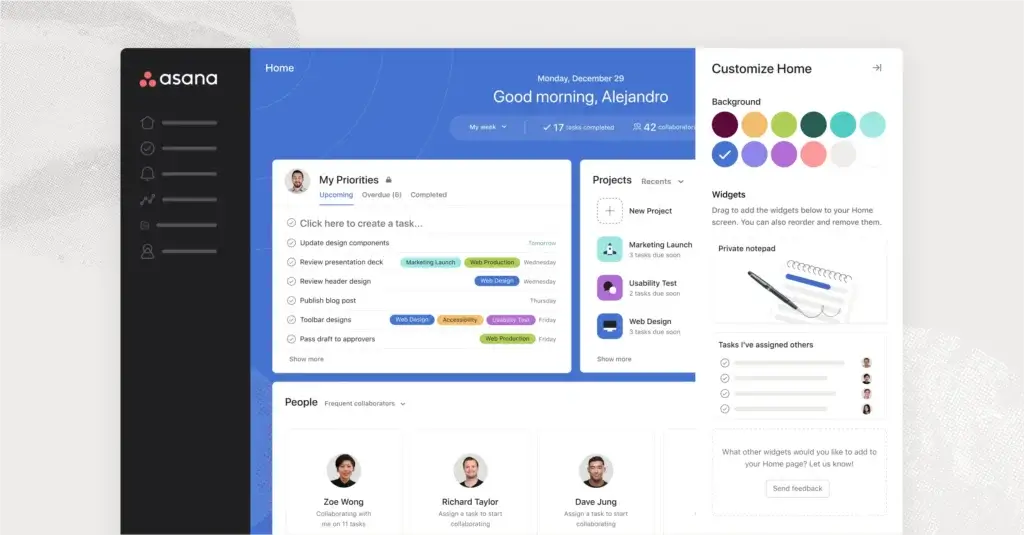 Asana home screen with customizable widgets and task management.