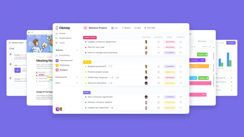 ClickUp list view with task priorities, due dates, and project stages.