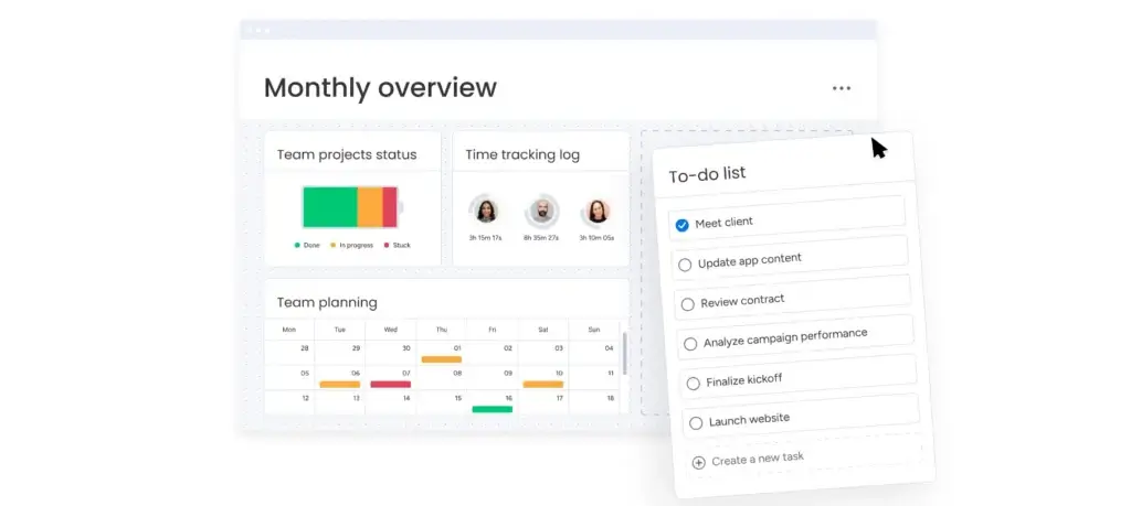 Monday.com customizable dashboard with drag-and-drop to-do list, project tracking, and time management tools.