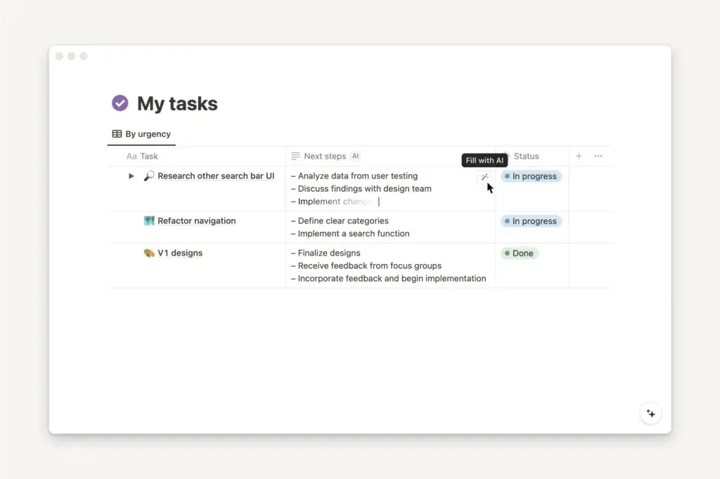 Notion task management with AI-assisted next steps and status tracking.