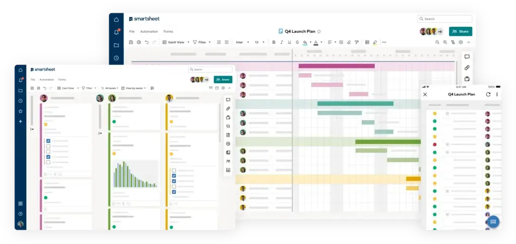 Smartsheet project management interface with Gantt chart, Kanban board, and mobile view