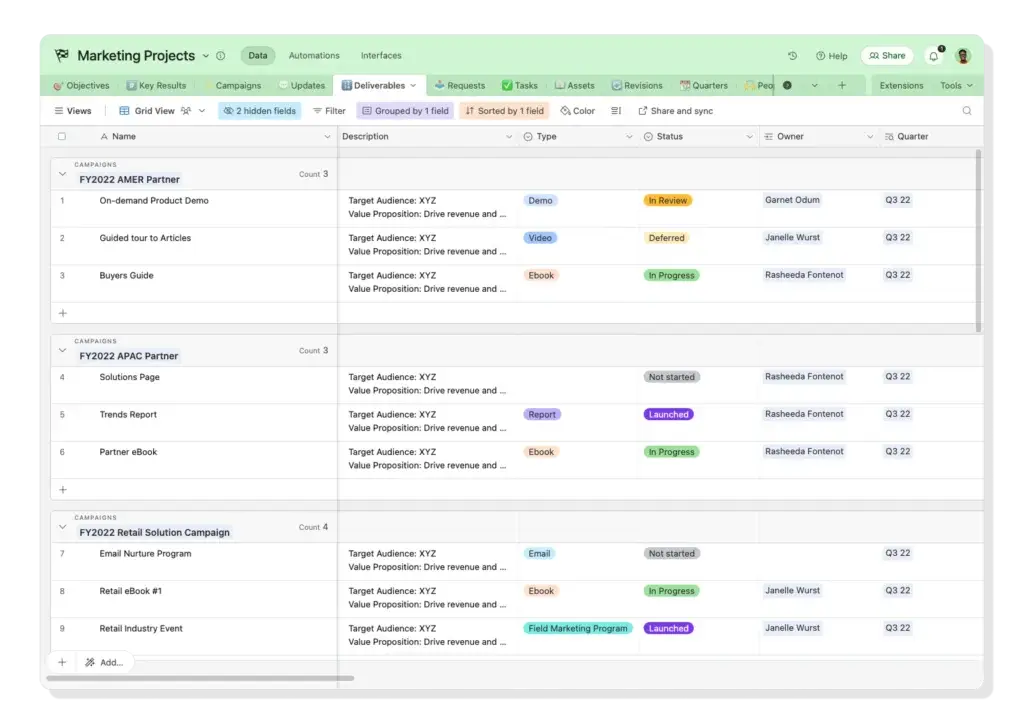 Airtable grouped grid view for project management