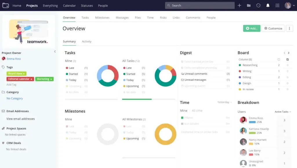 Teamwork project management dashboard showing tasks, milestones, time tracking, and user activity breakdown.