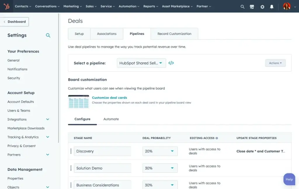 Customizing sales pipelines in HubSpot CRM