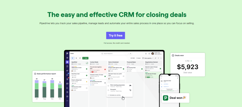 Pipedrive homepage showcasing CRM features.