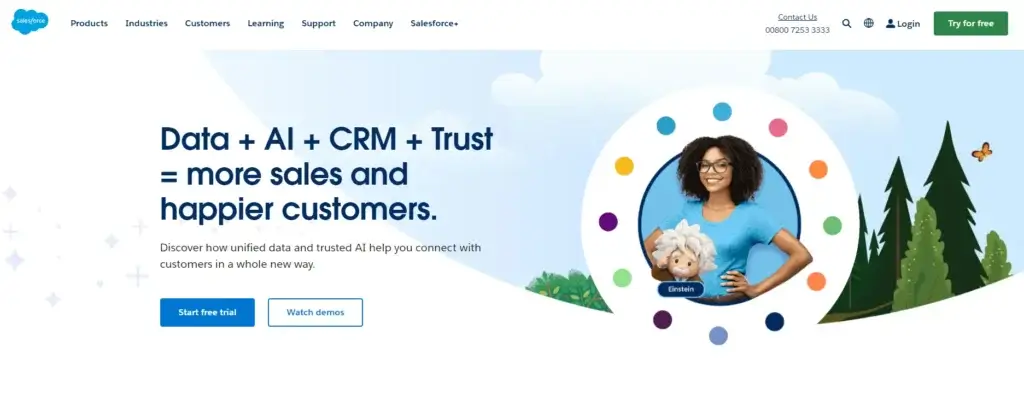 Salesforce homepage highlighting AI, data, and CRM integration.