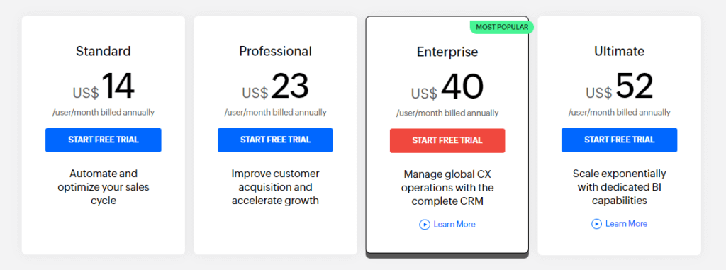 Zoho CRM pricing plans: Standard, Professional, Enterprise, and Ultimate tiers.