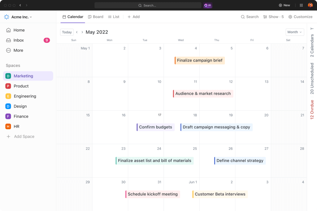 ClickUp shared calendar with task details and project scheduling.