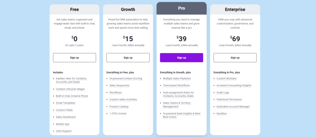 FreshBooks pricing plans showcasing Free, Growth, Pro, and Enterprise options