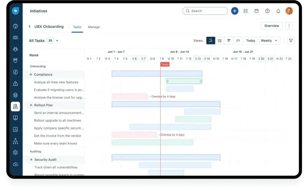 Timeline view of tasks and projects in Freshservice.