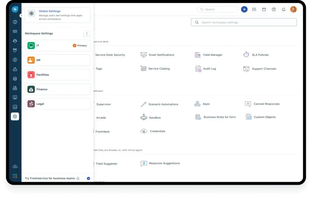 Freshservice settings and workspace overview.