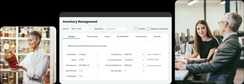 Sage inventory management interface with custom fields and product details