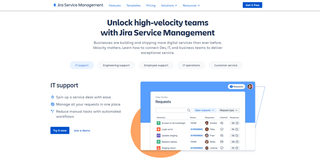 Homepage of Jira Service Management highlighting IT support features.