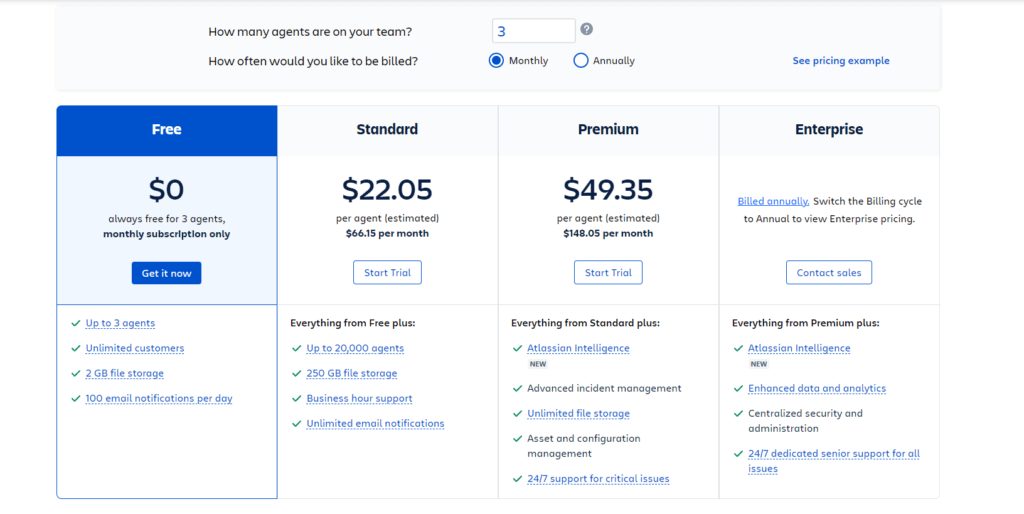 Pricing plans for Jira Service Management.