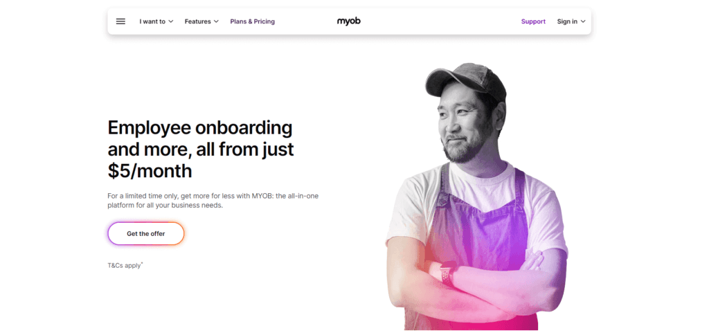 MYOB home page highlighting $5/month offer for employee onboarding