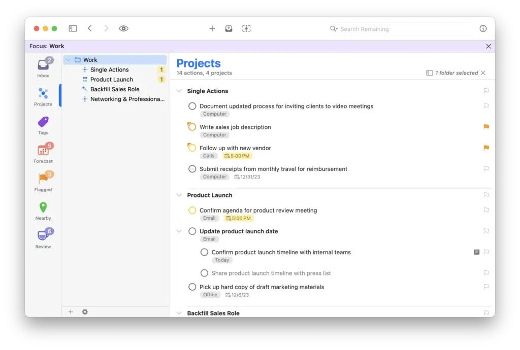 OmniFocus project view with focused task lists