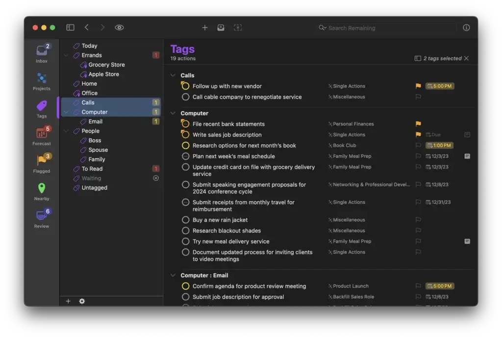 OmniFocus tags perspective in dark mode on Mac