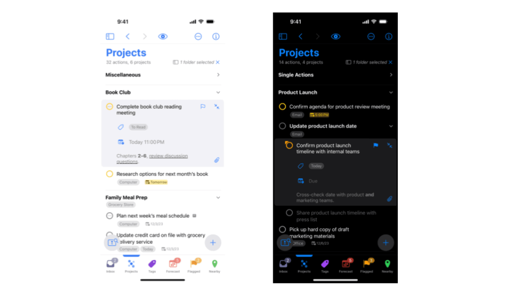 OmniFocus mobile app in light and dark mode with project lists