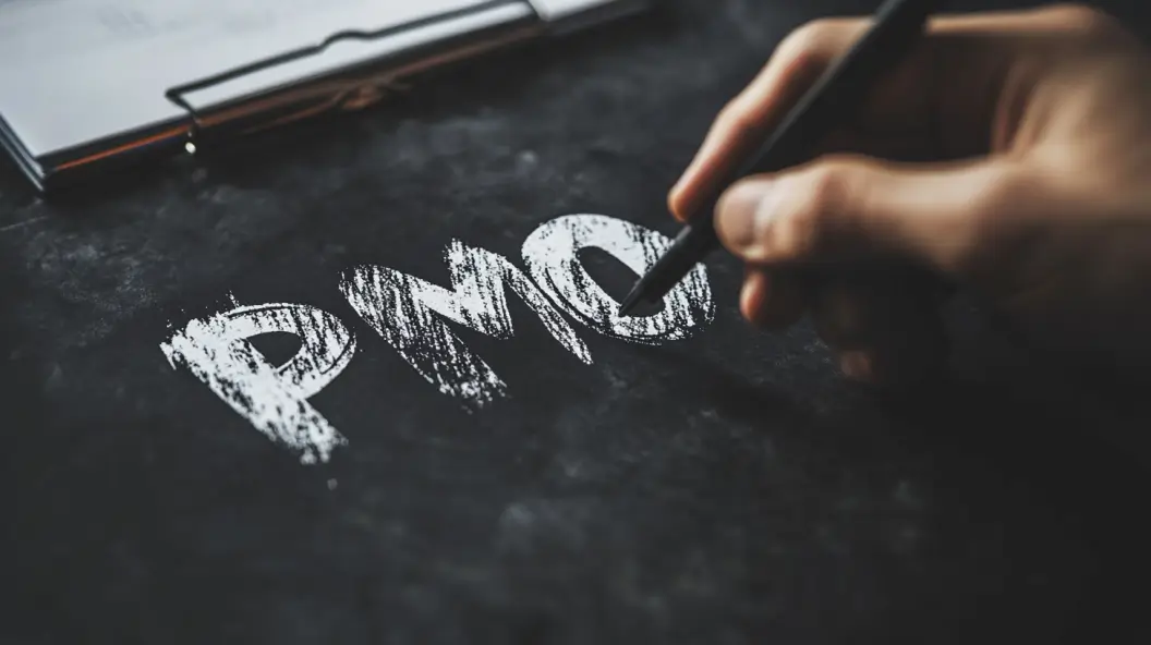 Handwriting PMO on a black chalkboard with a pen.
