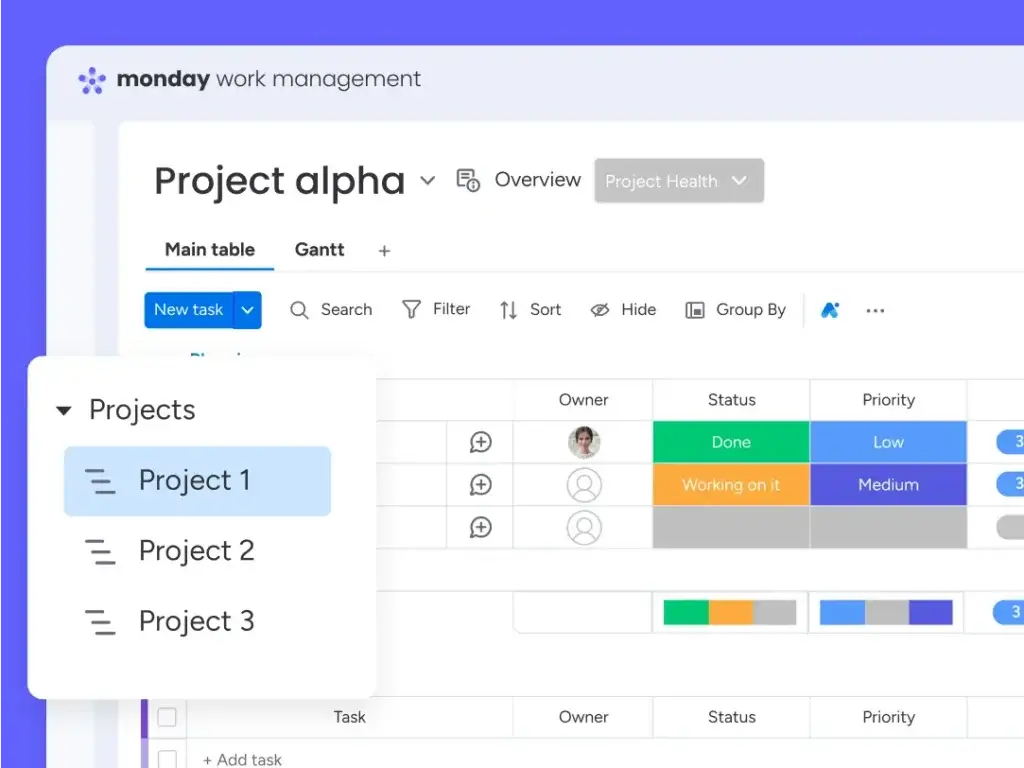 Screenshot of Monday.com project dashboard with task tracking features.