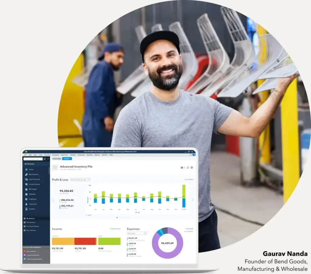 Smiling entrepreneur with QuickBooks Enterprise inventory dashboard