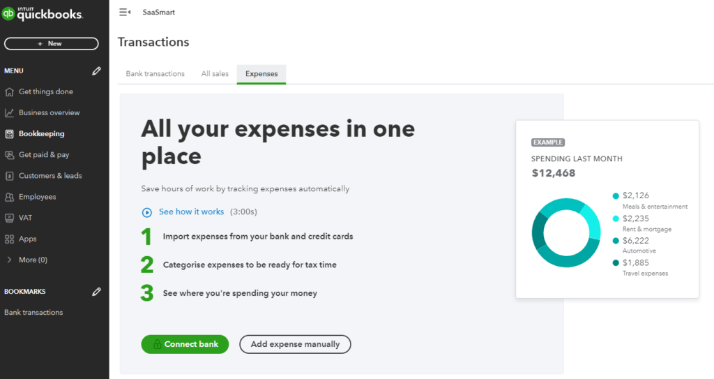 QuickBooks expenses tracking dashboard