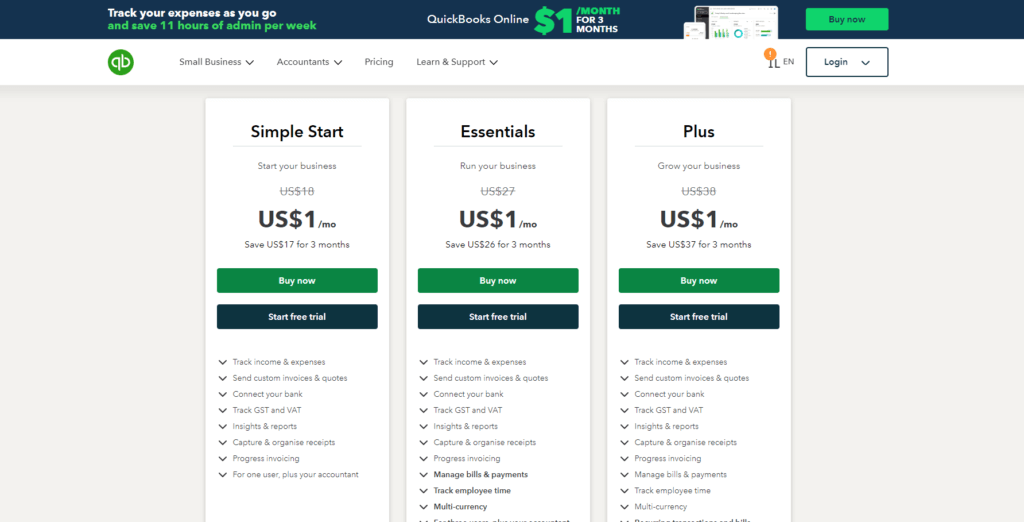 QuickBooks subscription pricing plans