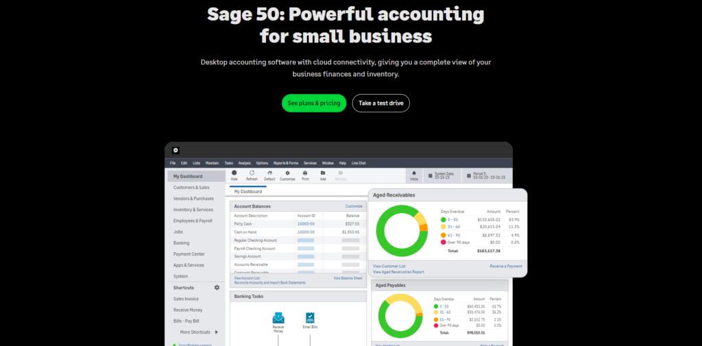 Sage 50 homepage showcasing powerful accounting software for small businesses.