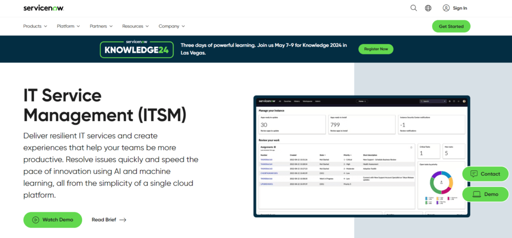 ServiceNow ITSM interface with dashboard and management tools