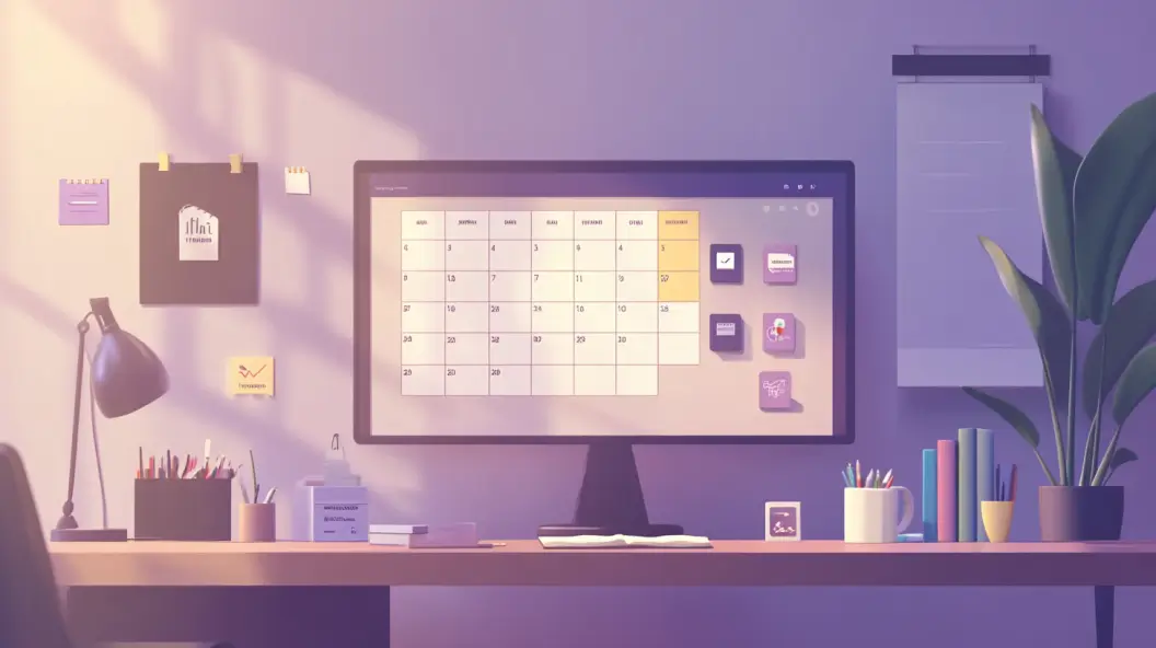 A shared calendar displayed on a desktop in a well-organized workspace.