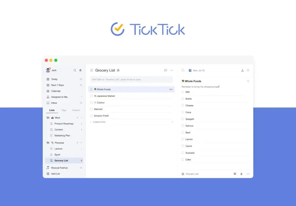 TickTick list view with categorized tasks and due dates