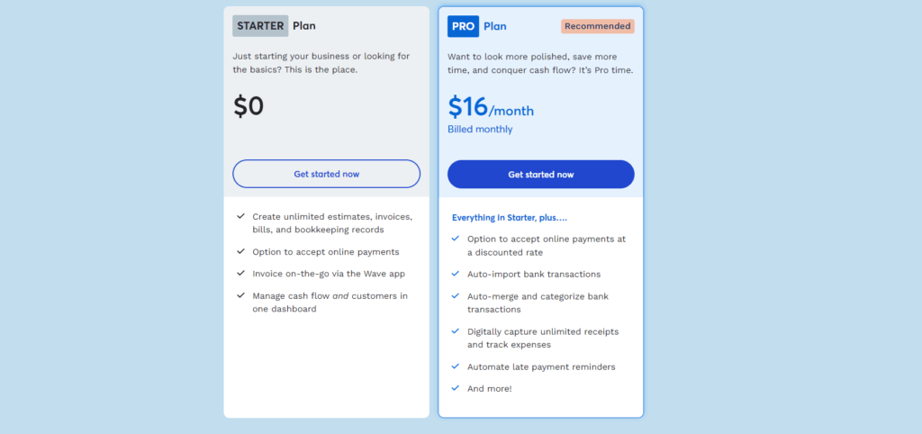 Wave's Starter and Pro plan comparison