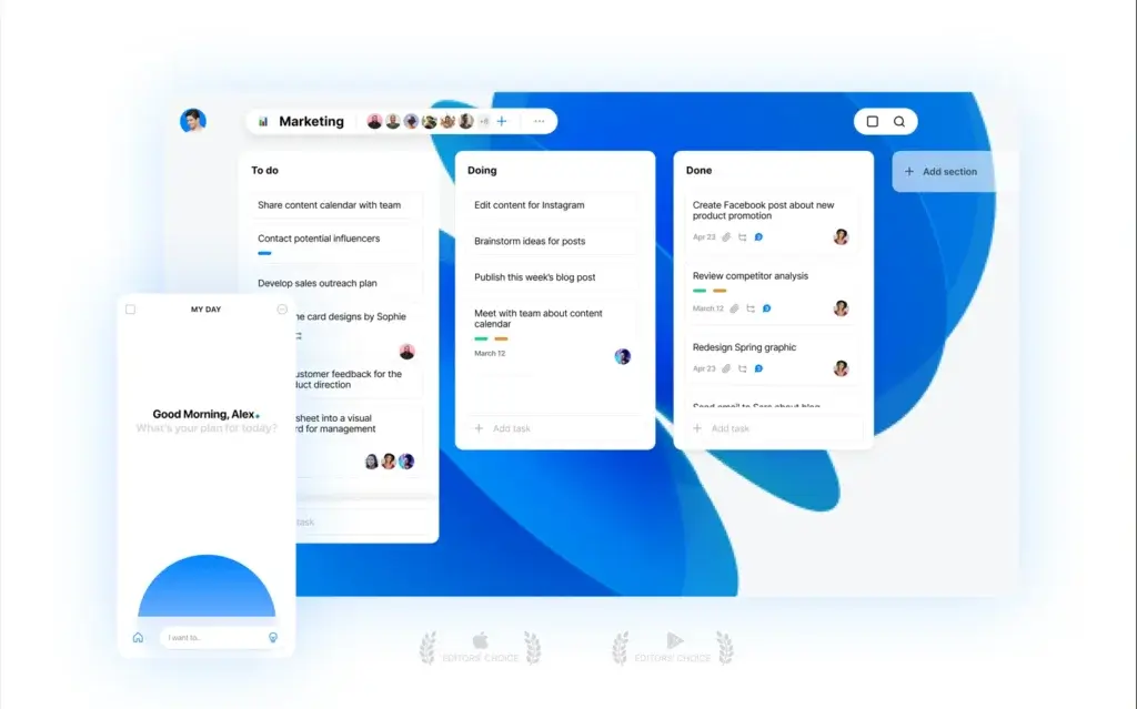 Any.do task board with to-do, doing, and done columns