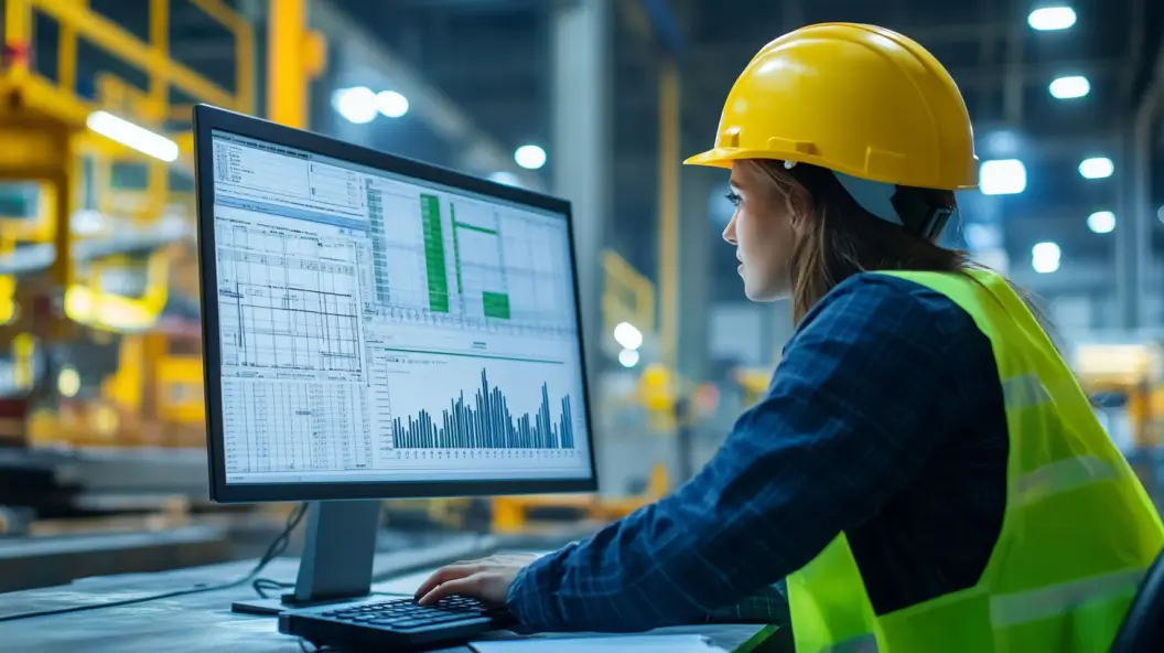 Female construction engineer analyzing project data on a computer in an industrial setting.