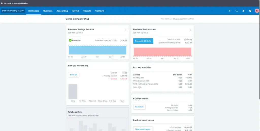 Xero dashboard showcasing real-time financial summaries and tasks