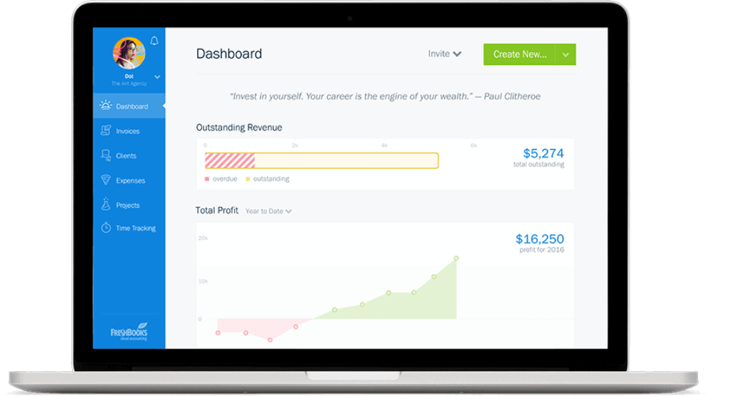 FreshBooks dashboard overview on a laptop screen showing outstanding revenue and total profit