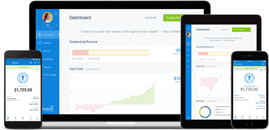 FreshBooks dashboard displayed on multiple devices including laptop, tablet, and smartphone