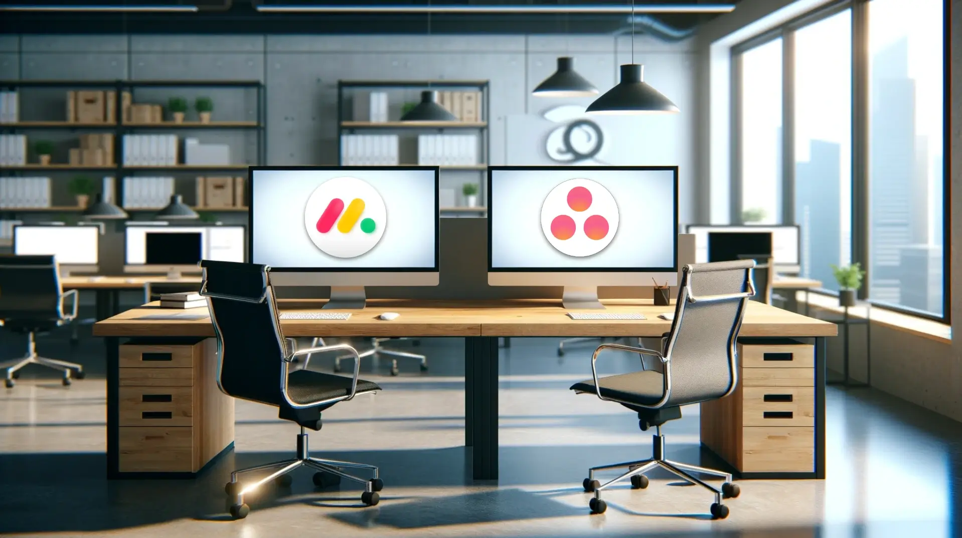 Two office desks with computers displaying Monday.com vs. Asana logos.