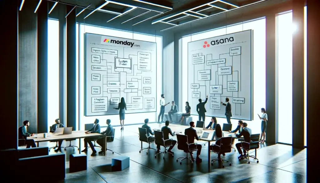 Business professionals analyzing workflow charts for Monday.com vs. Asana.