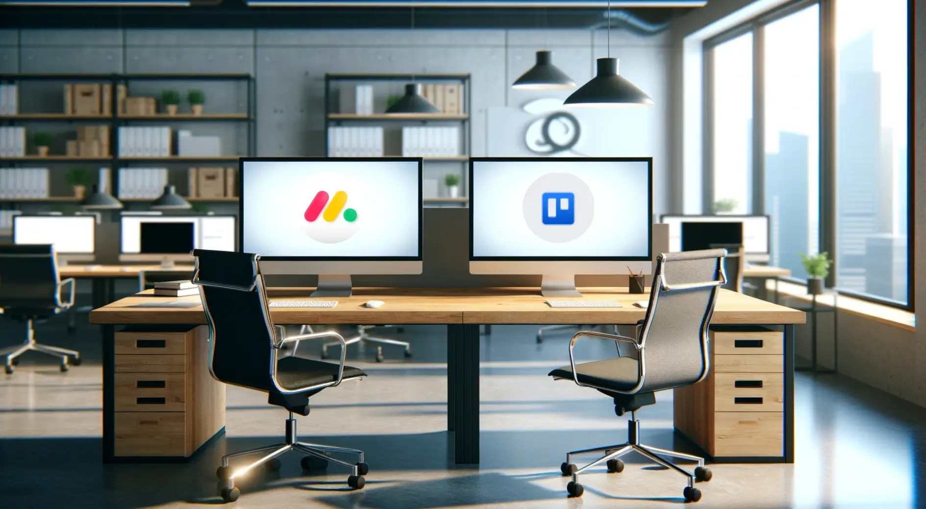 Two office desks with computers displaying monday.com vs. Trello logos in a modern workspace.