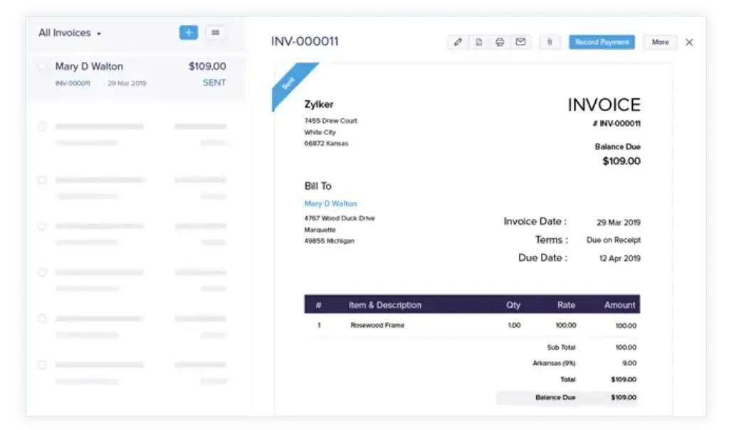 Zoho Books invoice tool with customizable templates and detailed item descriptions