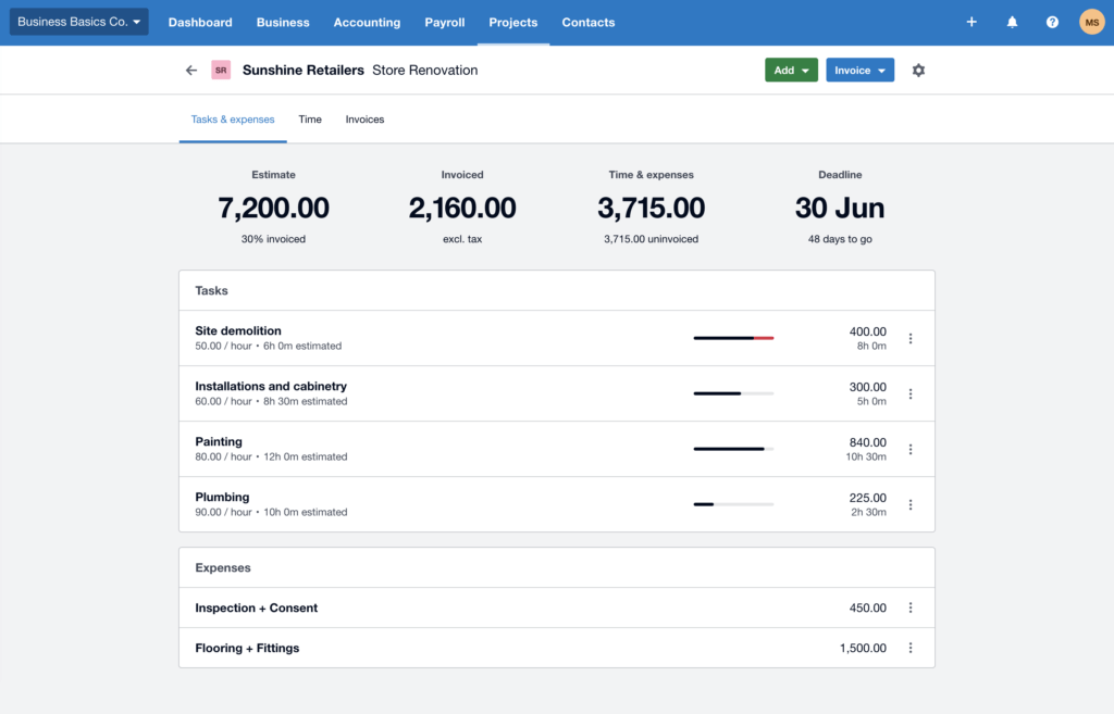 Xero project management interface with tasks, invoices, and deadlines