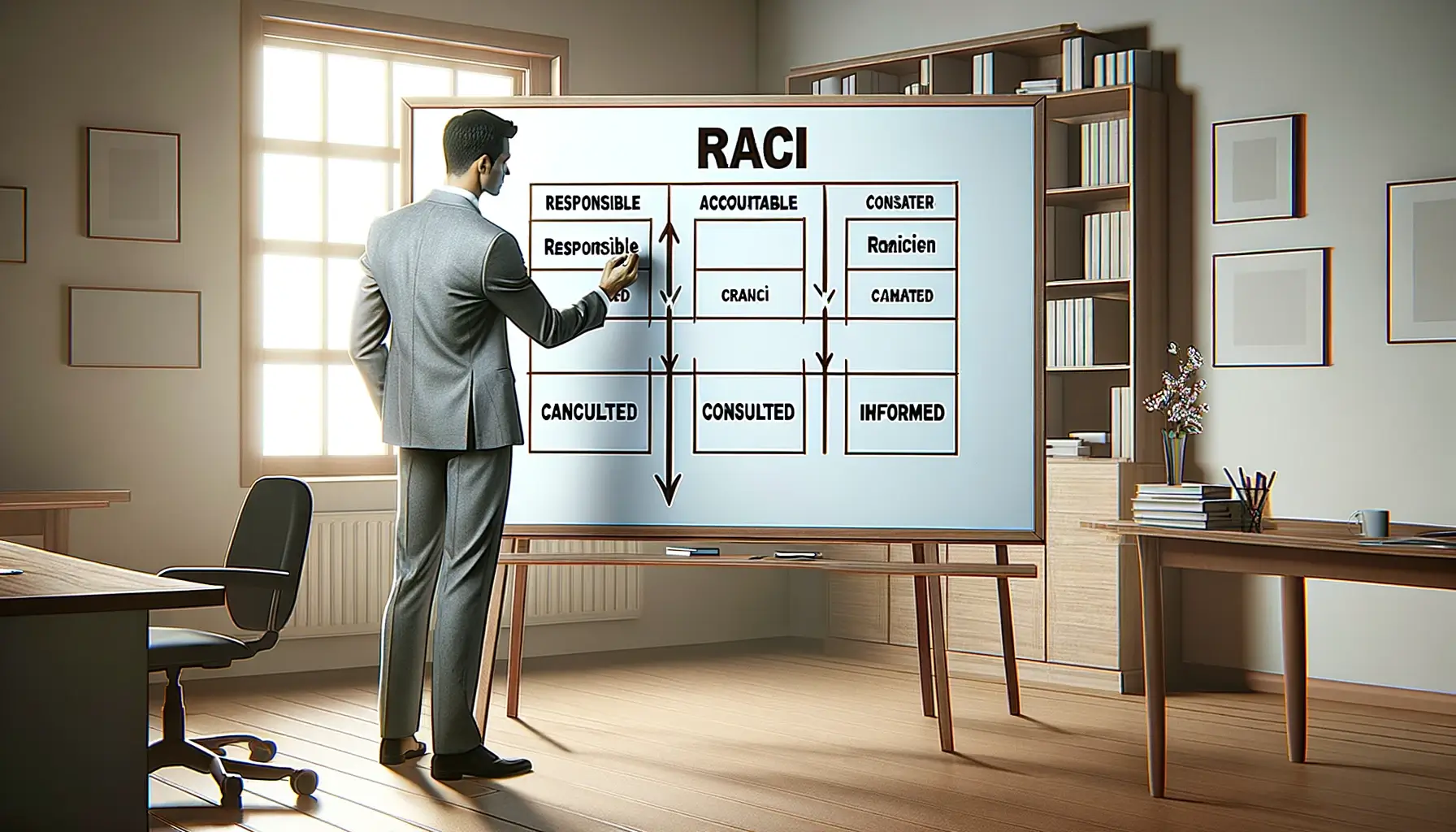 Business team reviewing a RACI matrix on a screen in a conference room.