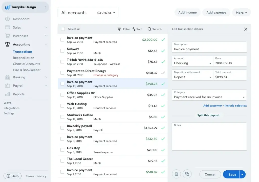 Accounting transactions overview in Wave software