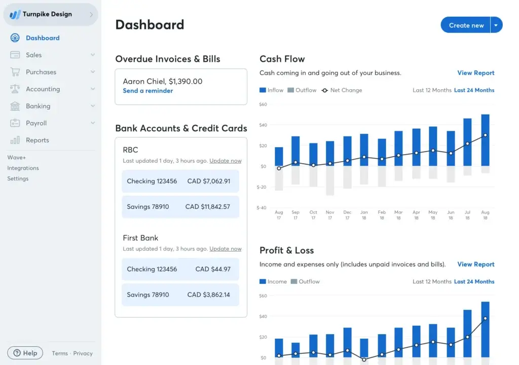 Wave dashboard displaying cash flow and profit insights