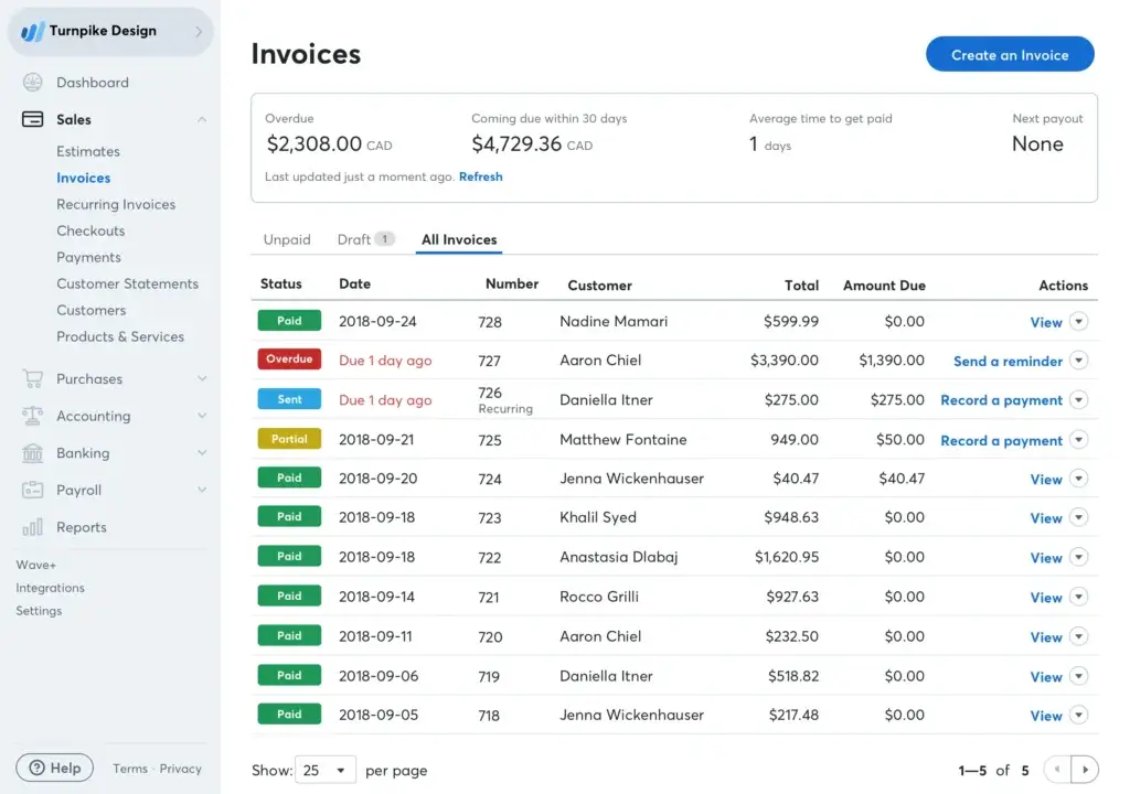 Invoice management screen showing status and due payments