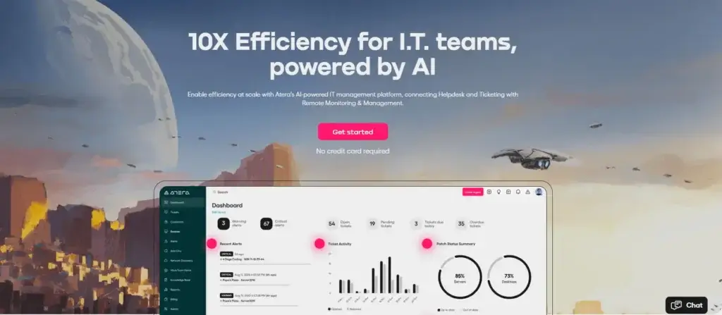 Atera homepage featuring AI-powered IT management tools.