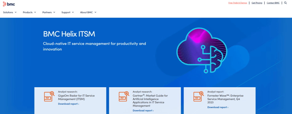 BMC Helix ITSM homepage highlighting cloud-native IT service management solutions.