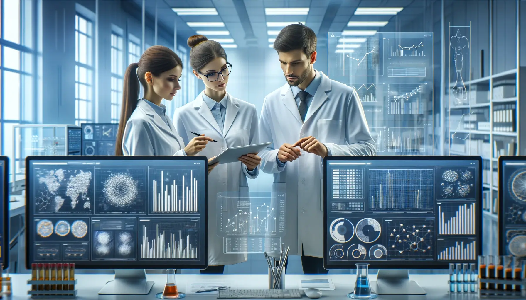 HIPPA Compliance Project management. Medical researchers discussing secure data collaboration.