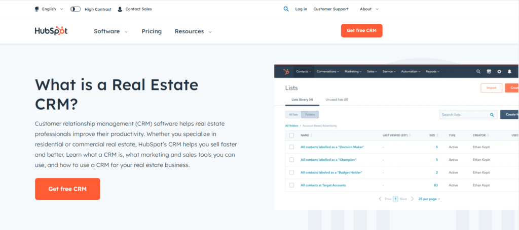 Hubspot Real estate CRM features and tools